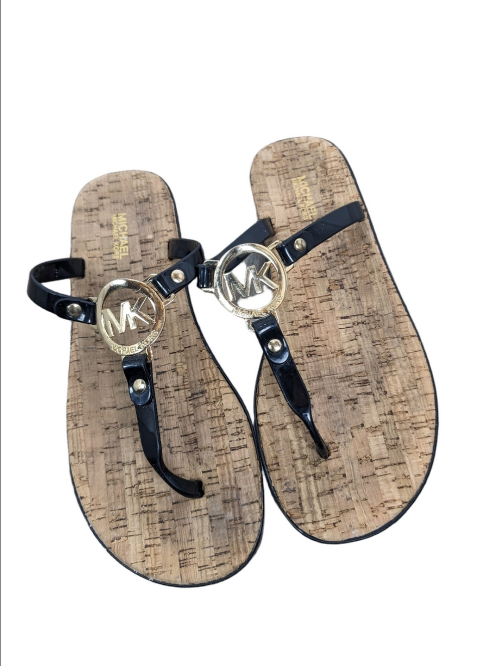 Michael Kors Women's Cork Sandals Flipflops Black Gold Size 8